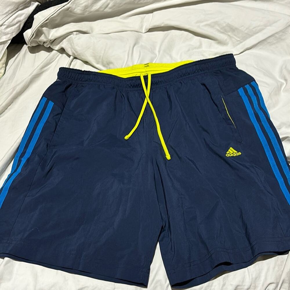 Adidas L navy blue turquoise 3 strip chartreuse accents like new nwot